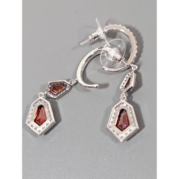 Bomb Party Earrings Simulated Ruby Red Dangle Hoop Earrings Birthstone - Picture 6 of 8